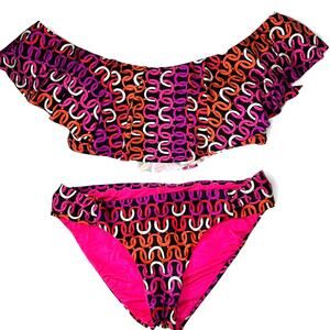 Trina Turk Geometric Pink Orange Purple Bikini Off Shoulder Top Bottoms Set 6
